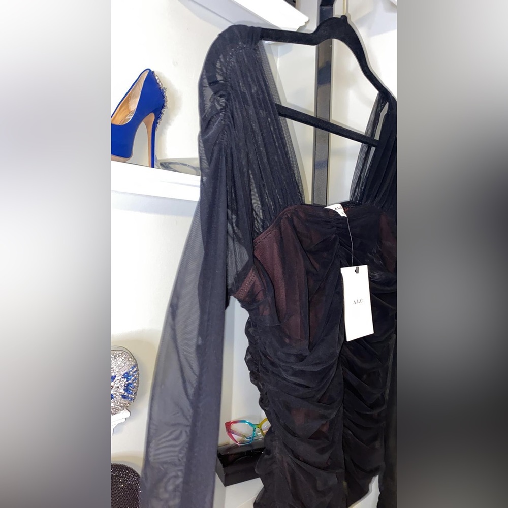 A.L.C Womens Black Mesh Ruched Lined Long Sleeve V Neck Party Top - Picture 9 of 11